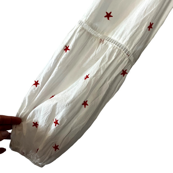 Unbranded Blouse Tunic Balloon Sleeve White Red Star Print Tassel Tie Boho L - Picture 2 of 6